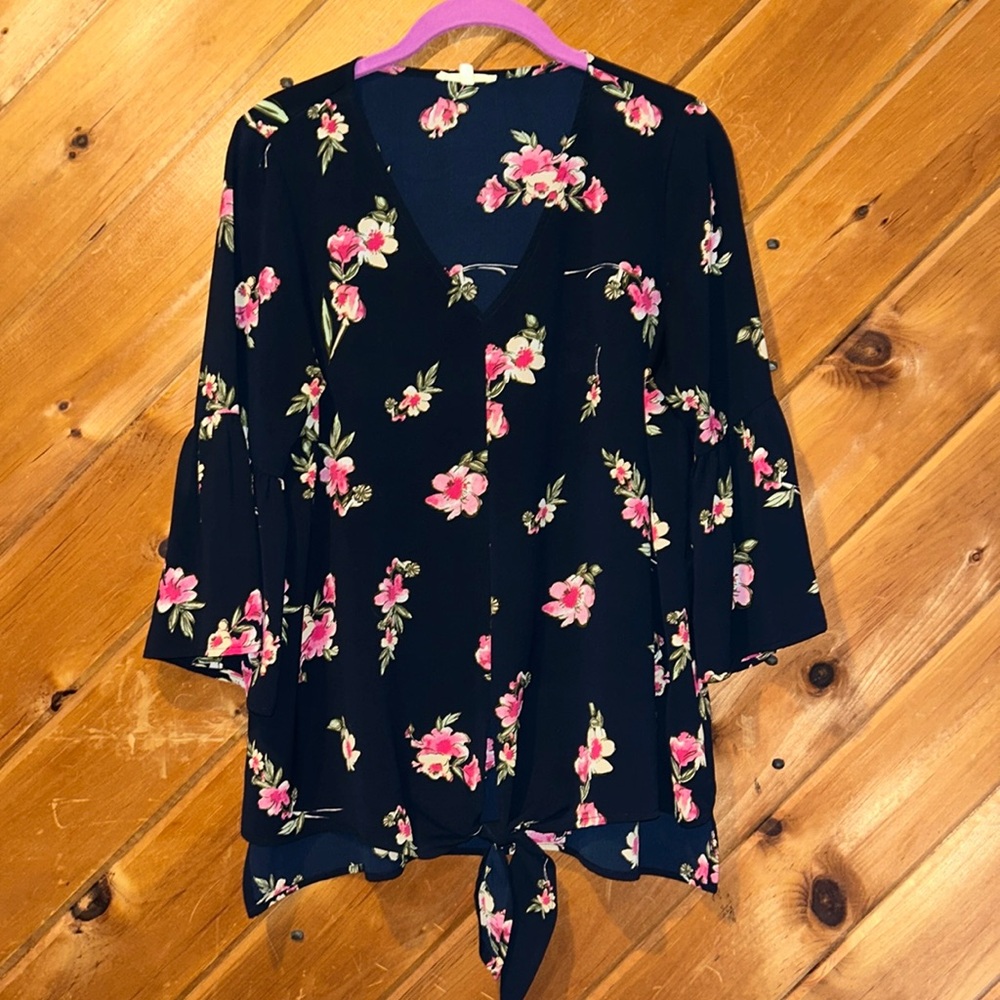 Dark navy blue and pink floral tie front flare sleeve blouse
